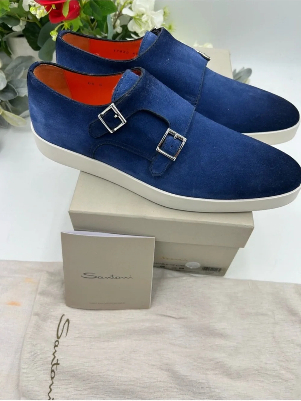 Men’s SANTONI blue suede Atlantis double monk strap shoes size 9 US made Italy